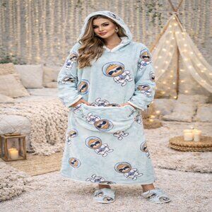 Astronaut Sloth Hoodie Blanket Dress Cozy Oversized Aqua Soft Plush Pajamas OS